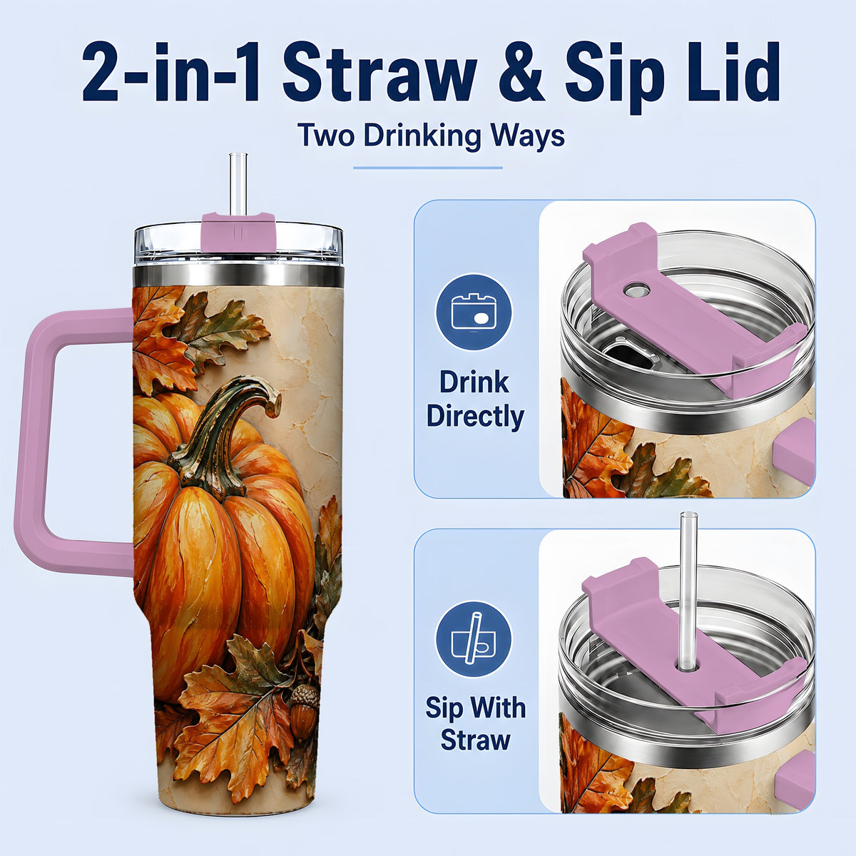 #pl[40oz|Pink] Autumn Pumpkin 40oz Tumbler with Oak Leaves and Acorn Artwork
