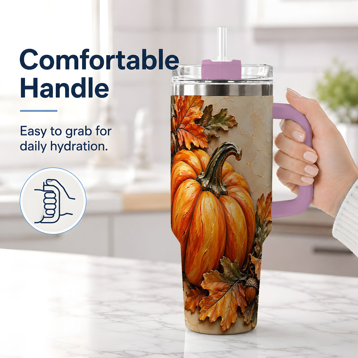#pl[40oz|Pink] Autumn Pumpkin 40oz Tumbler with Oak Leaves and Acorn Artwork