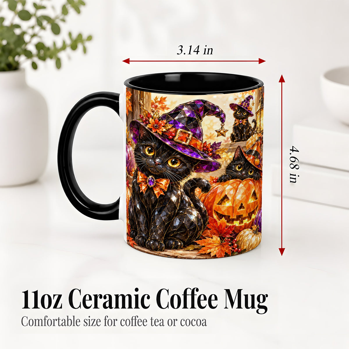 #pl[11oz|Black] Halloween Black Cat Ceramic Mug, Witch Hat Pumpkin Artwork