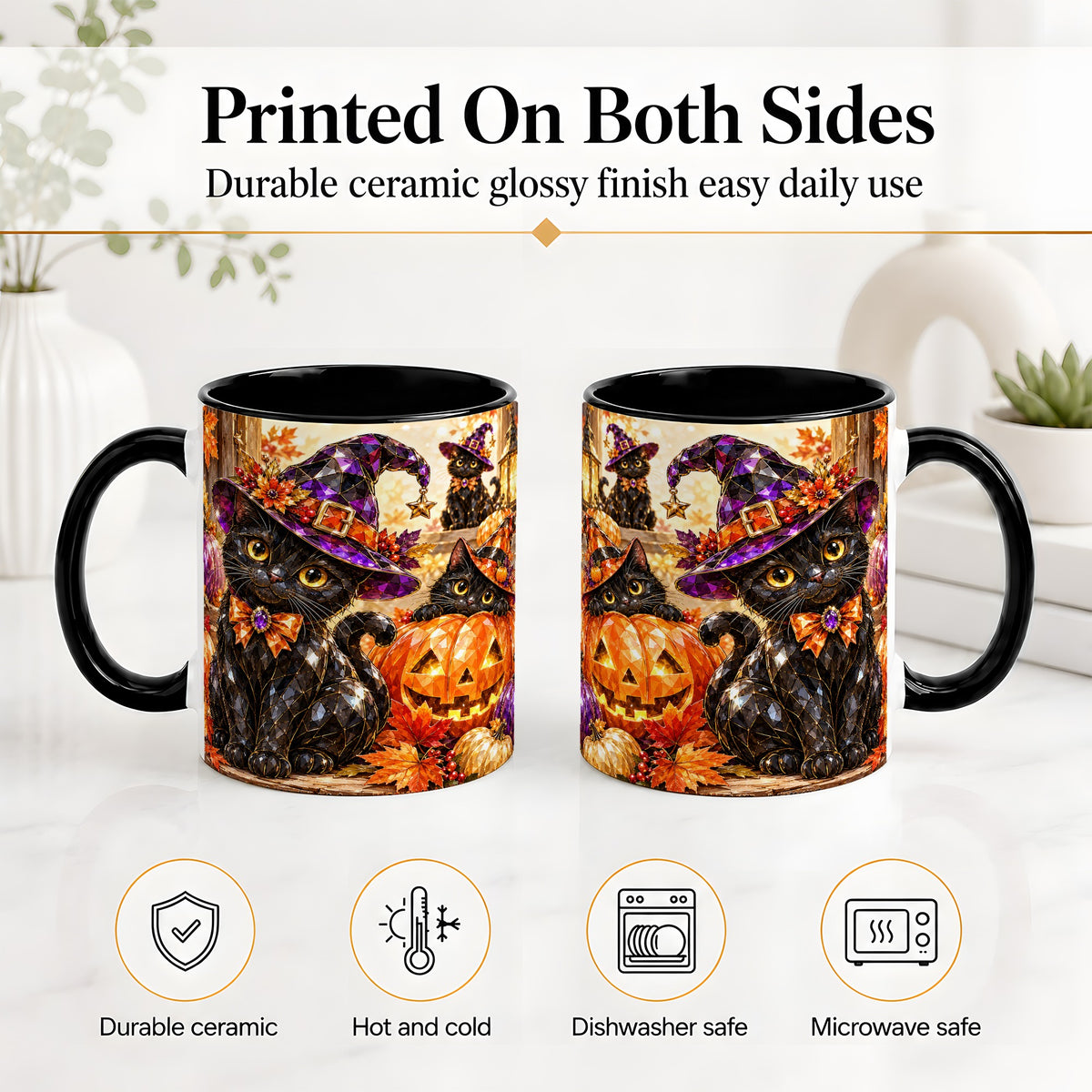 #pl[11oz|Black] Halloween Black Cat Ceramic Mug, Witch Hat Pumpkin Artwork