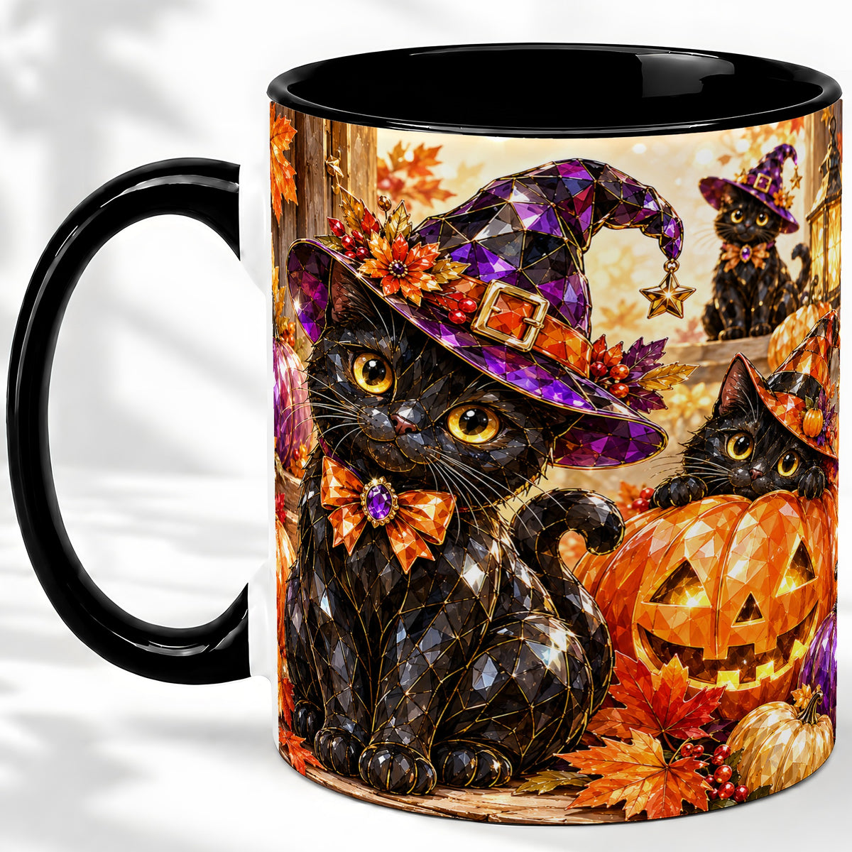 #pl[11oz|Black] Halloween Black Cat Ceramic Mug, Witch Hat Pumpkin Artwork
