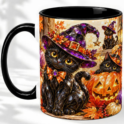 #pl[11oz|Black] Halloween Black Cat Ceramic Mug, Witch Hat Pumpkin Artwork