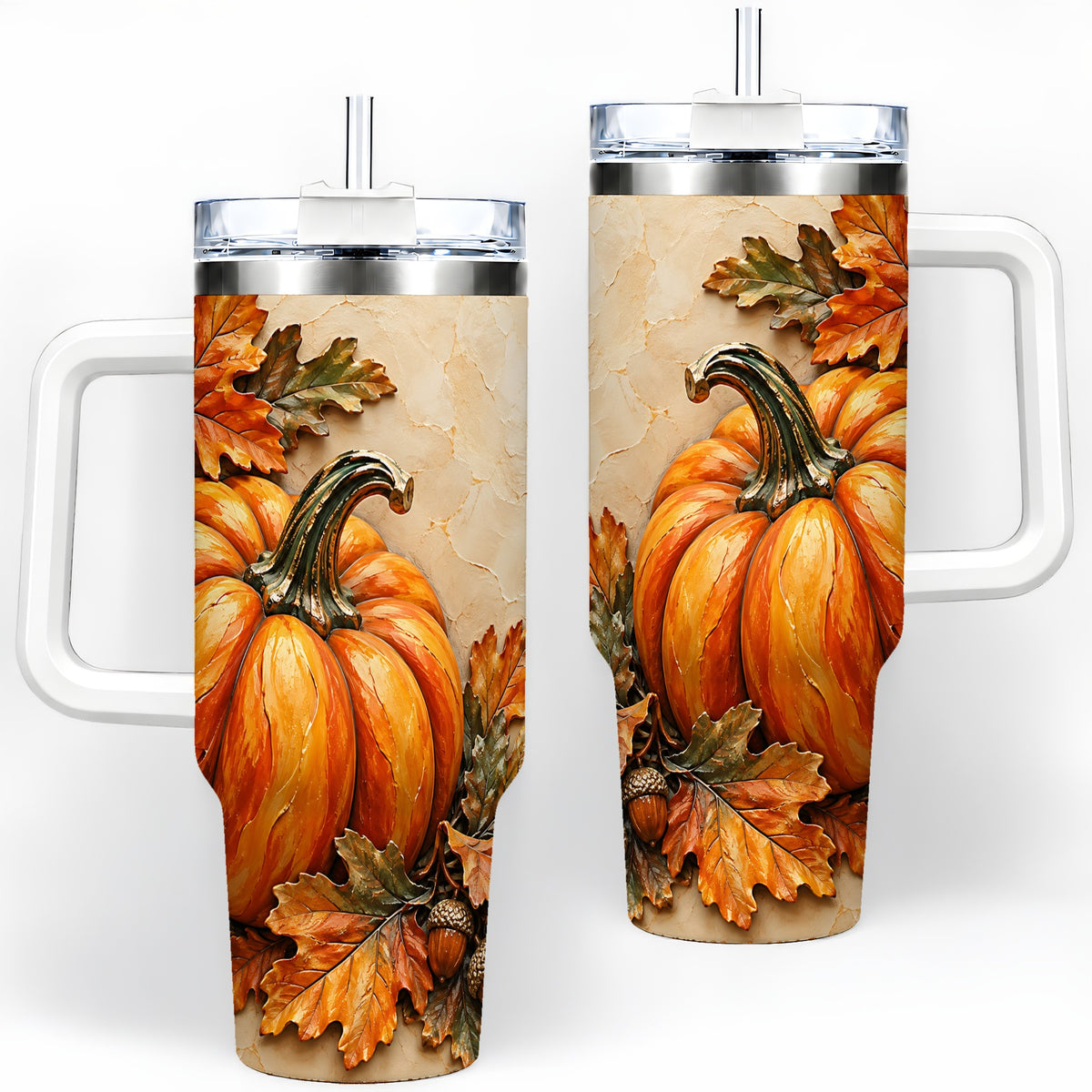 Autumn Pumpkin 40oz Tumbler with Oak Leaves and Acorn Artwork