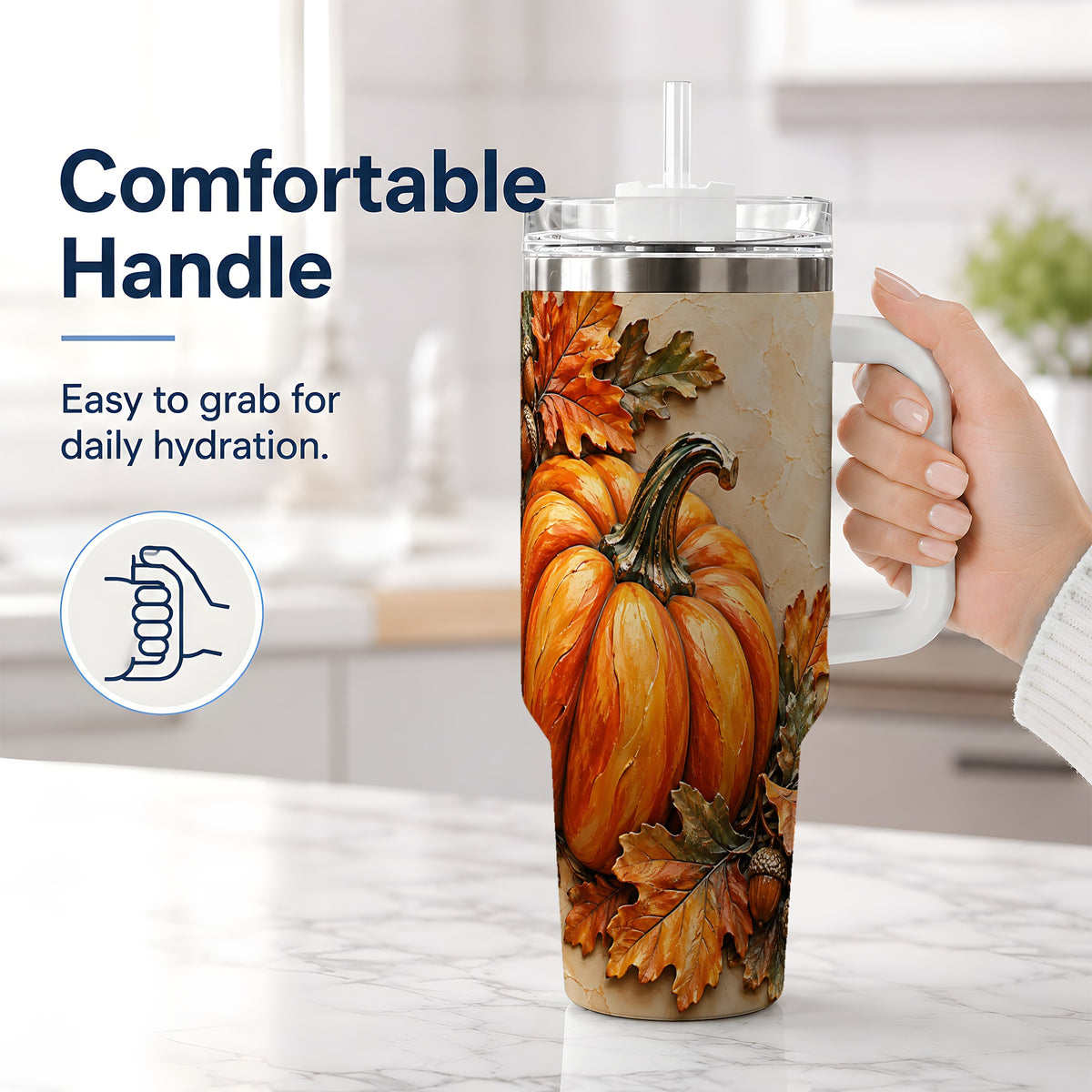 #pl[40oz|White] Autumn Pumpkin 40oz Tumbler with Oak Leaves and Acorn Artwork
