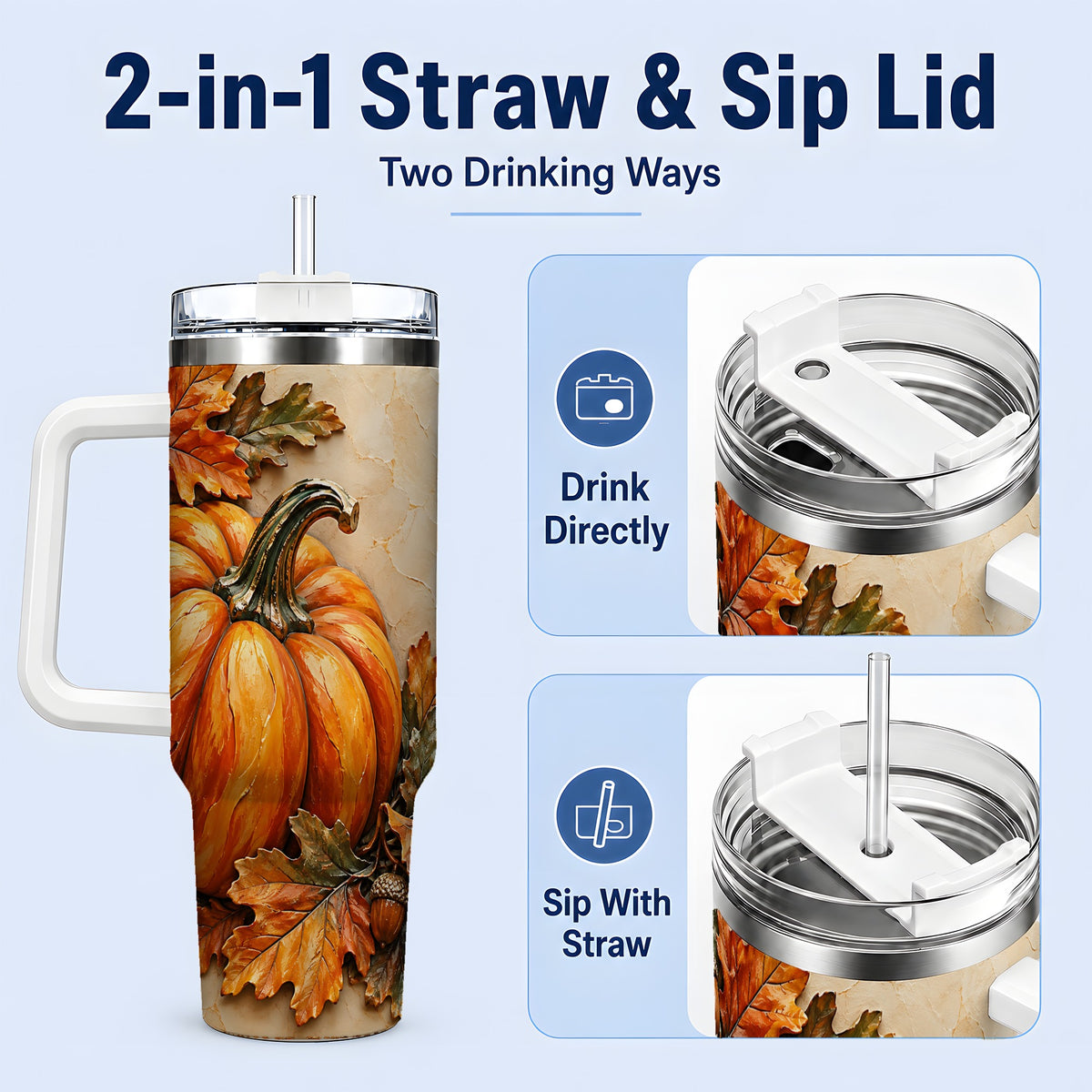 #pl[40oz|White] Autumn Pumpkin 40oz Tumbler with Oak Leaves and Acorn Artwork