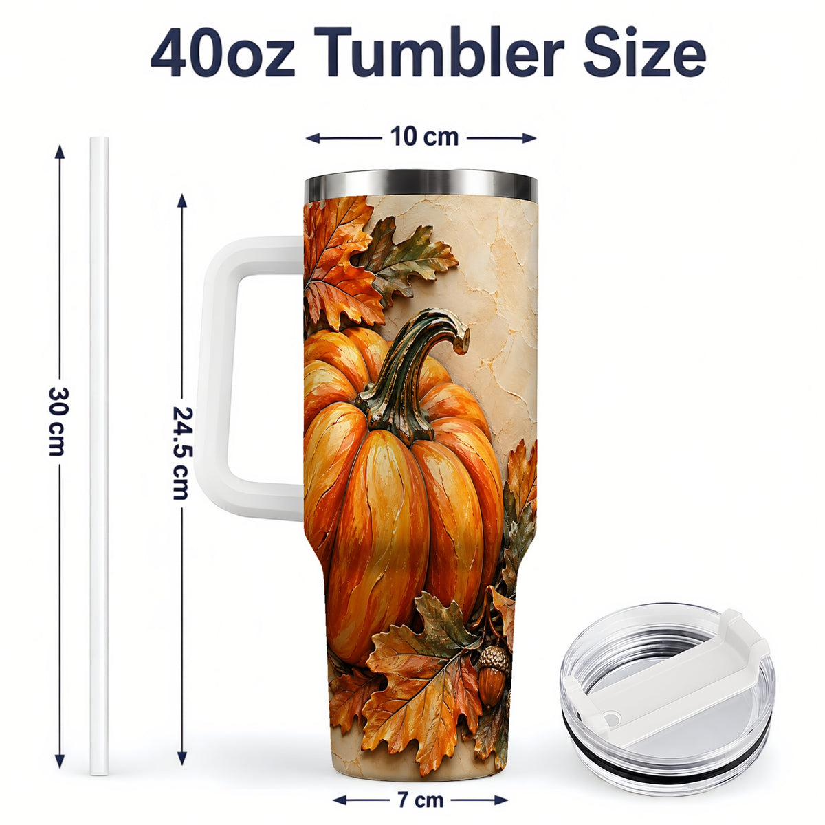 #pl[40oz|White] Autumn Pumpkin 40oz Tumbler with Oak Leaves and Acorn Artwork