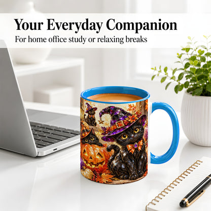 #pl[11oz|Blue] Halloween Black Cat Ceramic Mug, Witch Hat Pumpkin Artwork
