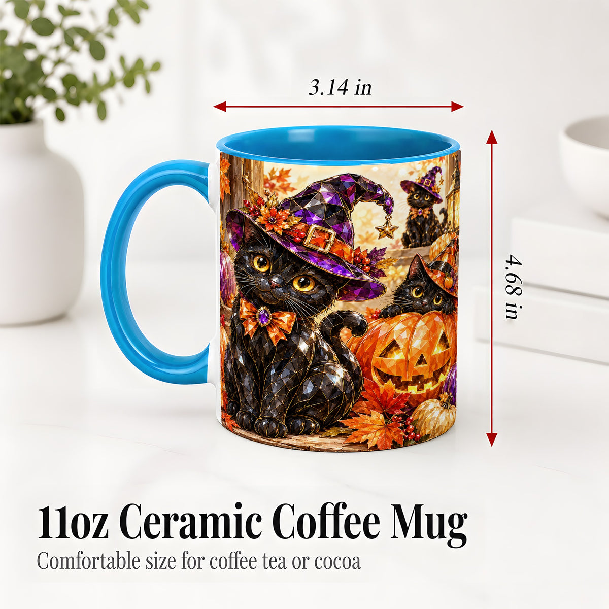 #pl[11oz|Blue] Halloween Black Cat Ceramic Mug, Witch Hat Pumpkin Artwork