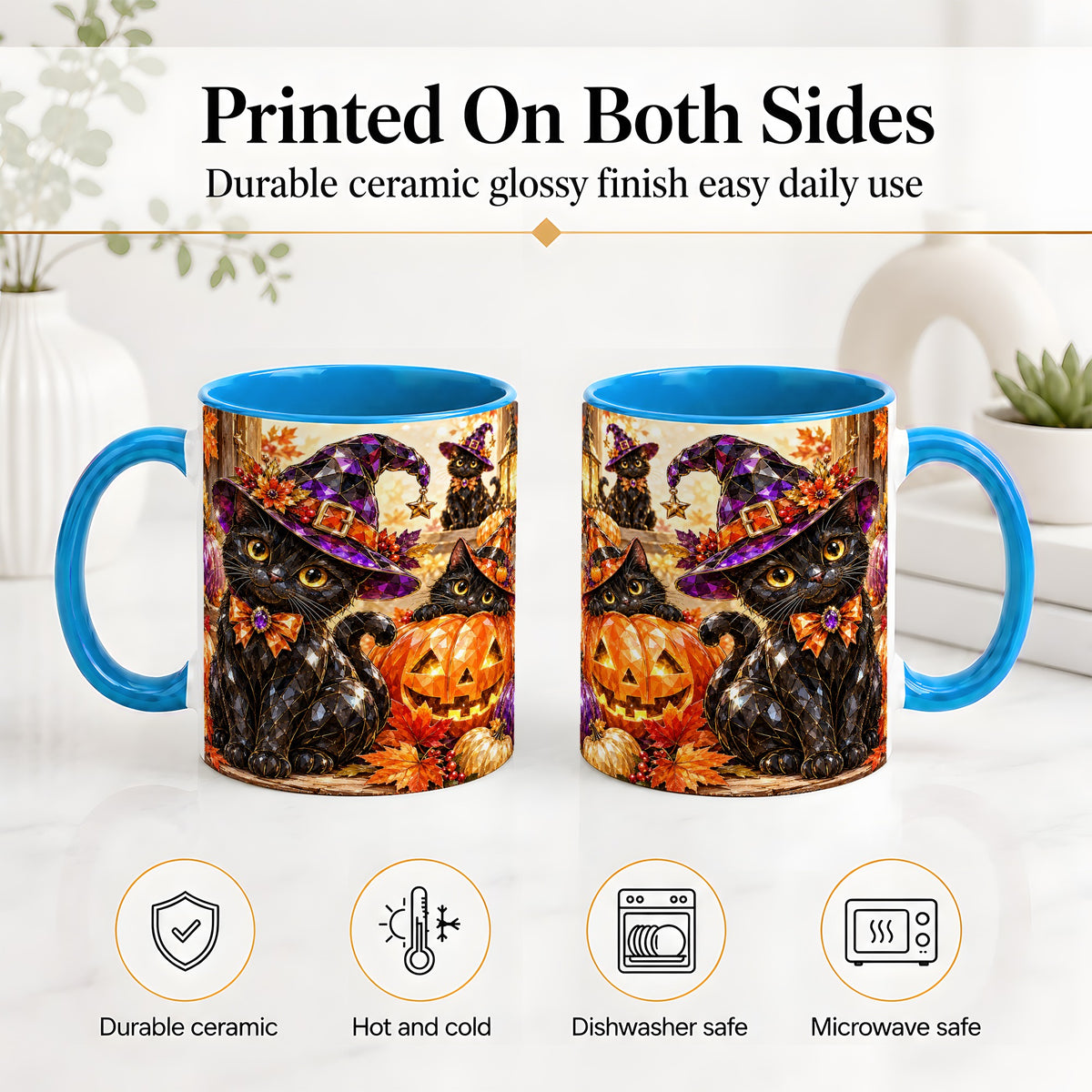 #pl[11oz|Blue] Halloween Black Cat Ceramic Mug, Witch Hat Pumpkin Artwork