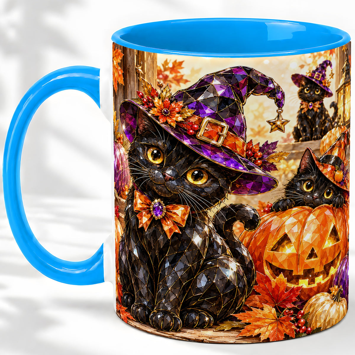 #pl[11oz|Blue] Halloween Black Cat Ceramic Mug, Witch Hat Pumpkin Artwork