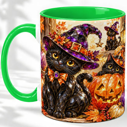 #pl[11oz|Green] Halloween Black Cat Ceramic Mug, Witch Hat Pumpkin Artwork
