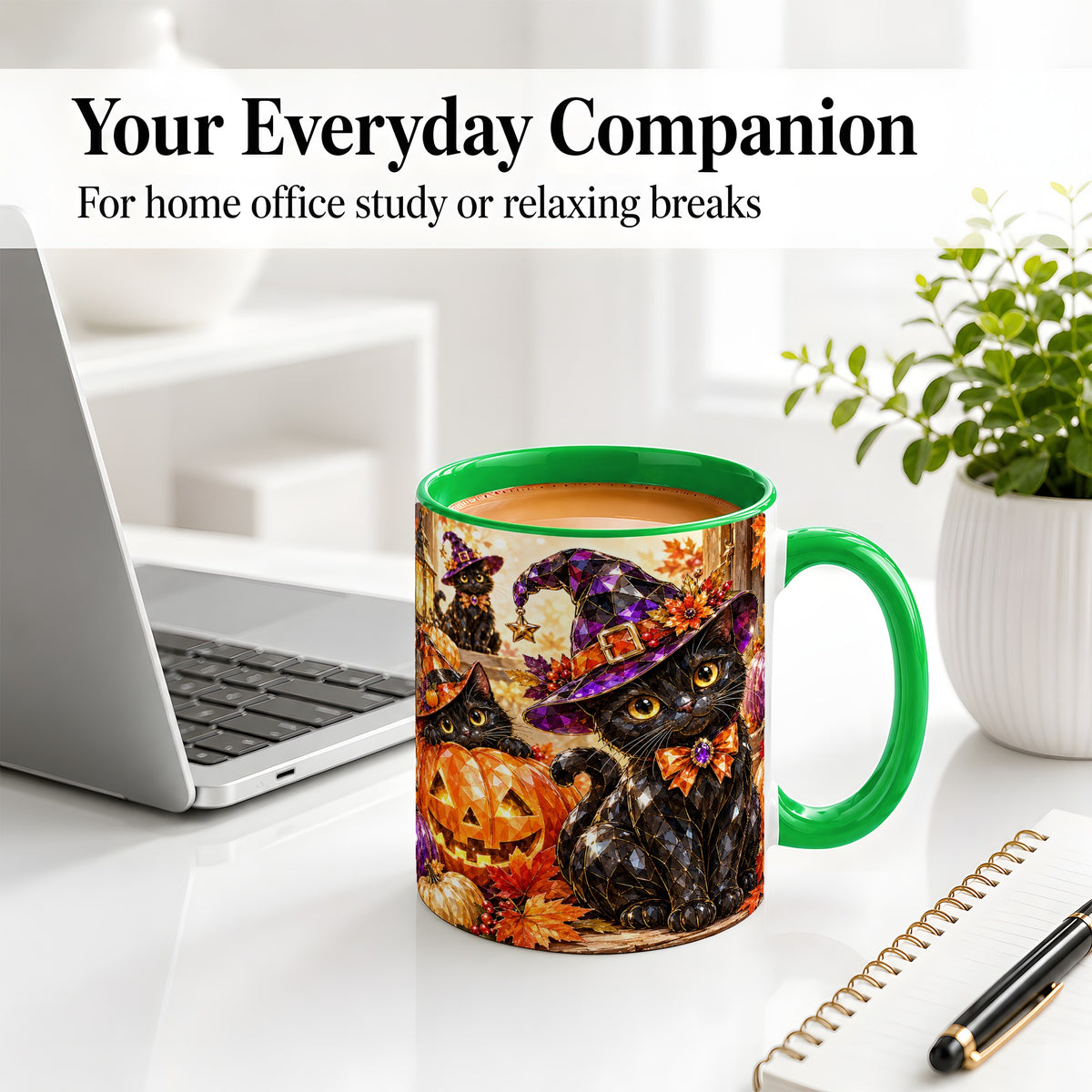 #pl[11oz|Green] Halloween Black Cat Ceramic Mug, Witch Hat Pumpkin Artwork