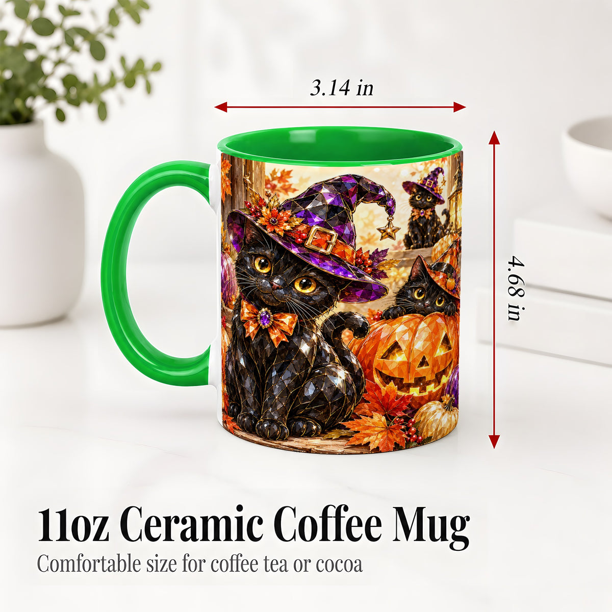 #pl[11oz|Green] Halloween Black Cat Ceramic Mug, Witch Hat Pumpkin Artwork