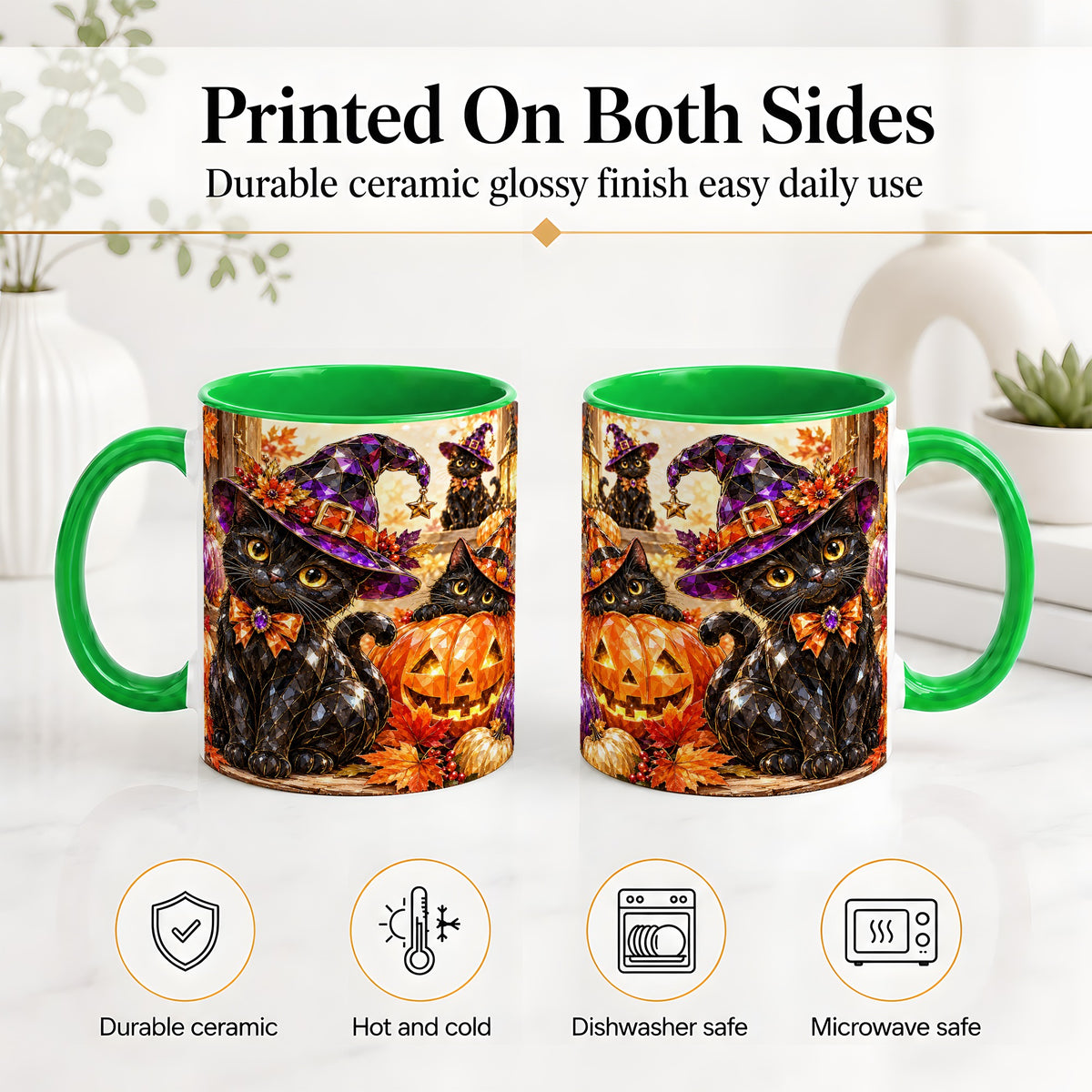 #pl[11oz|Green] Halloween Black Cat Ceramic Mug, Witch Hat Pumpkin Artwork