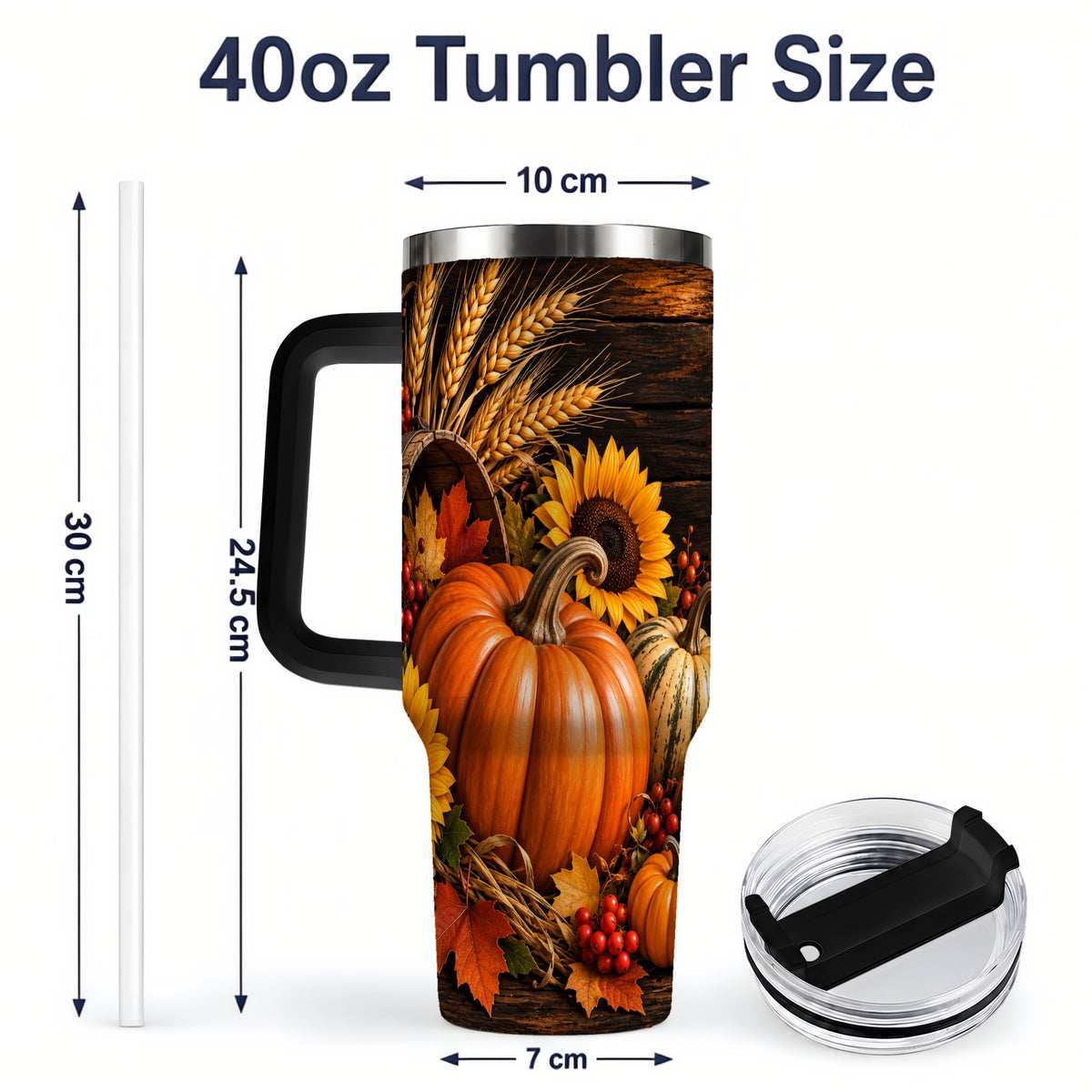 #pl[40oz|Black] Rustic Harvest 40oz Tumbler with Pumpkins, Sunflowers and Wheat