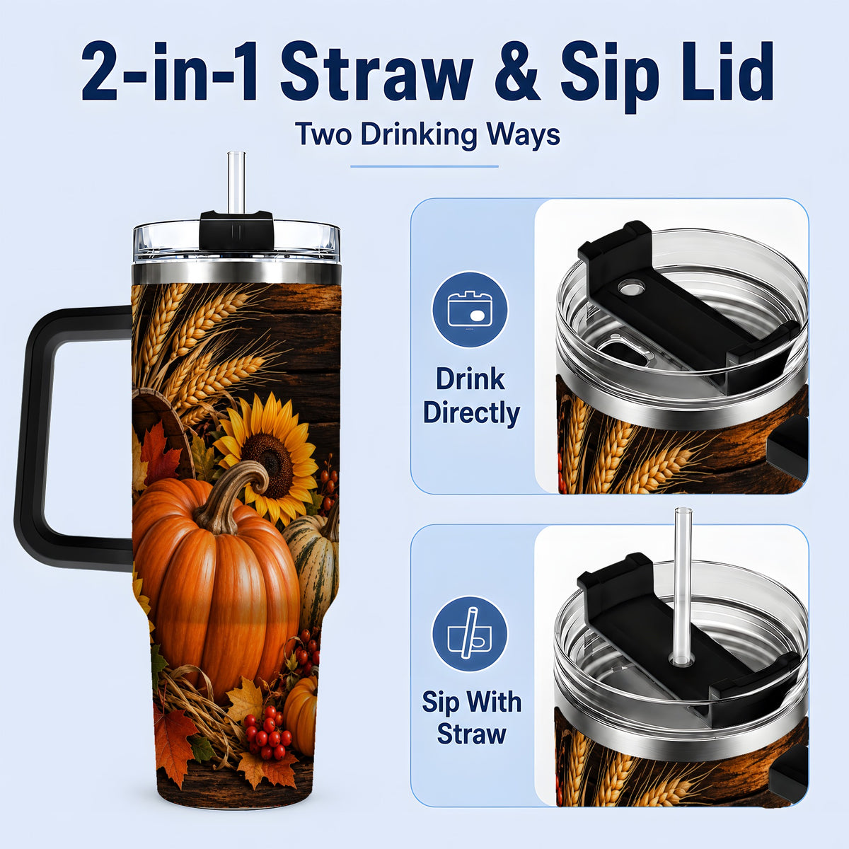 #pl[40oz|Black] Rustic Harvest 40oz Tumbler with Pumpkins, Sunflowers and Wheat