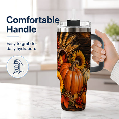 #pl[40oz|Black] Rustic Harvest 40oz Tumbler with Pumpkins, Sunflowers and Wheat