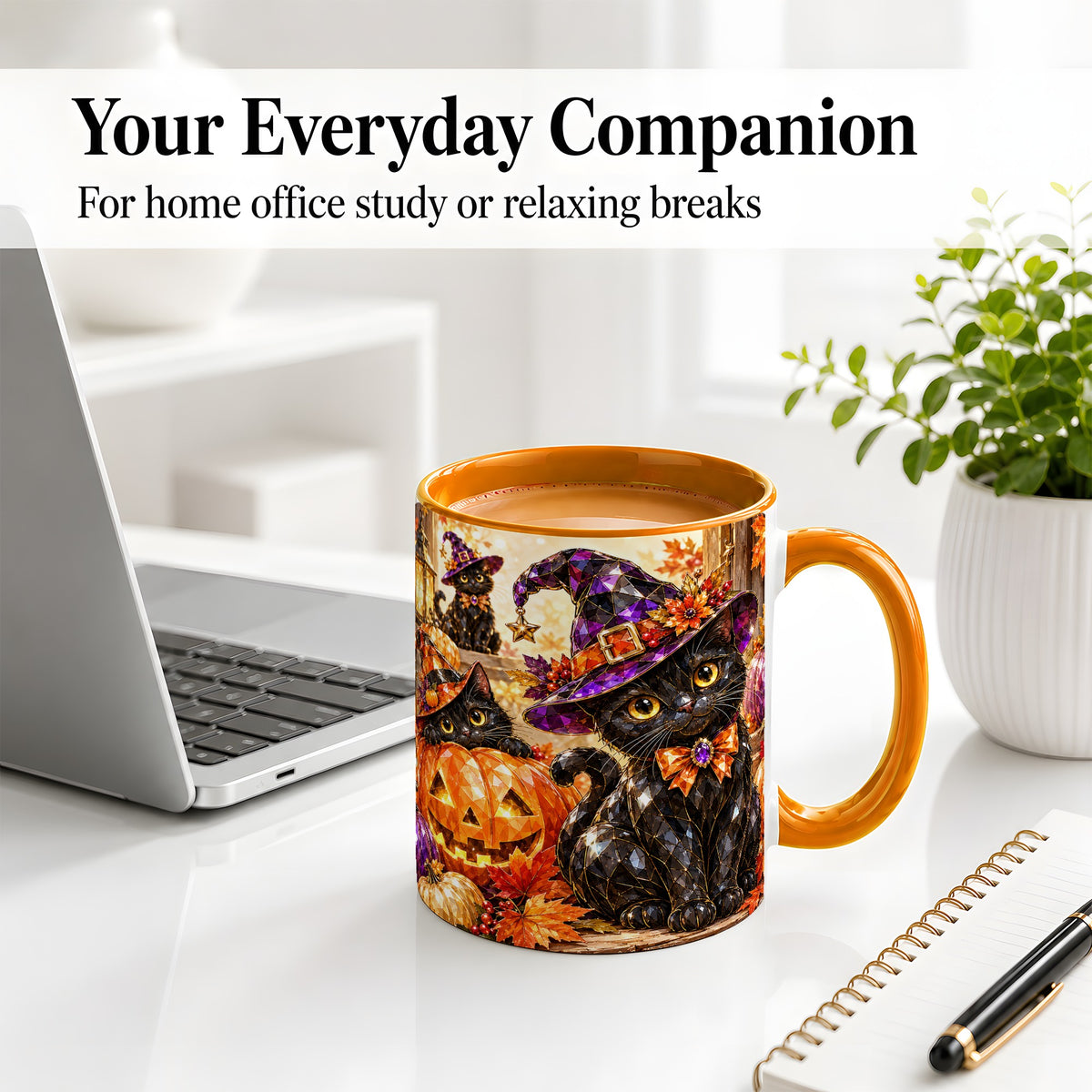 #pl[11oz|Orange] Halloween Black Cat Ceramic Mug, Witch Hat Pumpkin Artwork