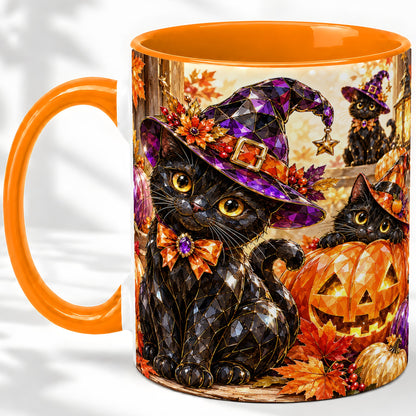 #pl[11oz|Orange] Halloween Black Cat Ceramic Mug, Witch Hat Pumpkin Artwork