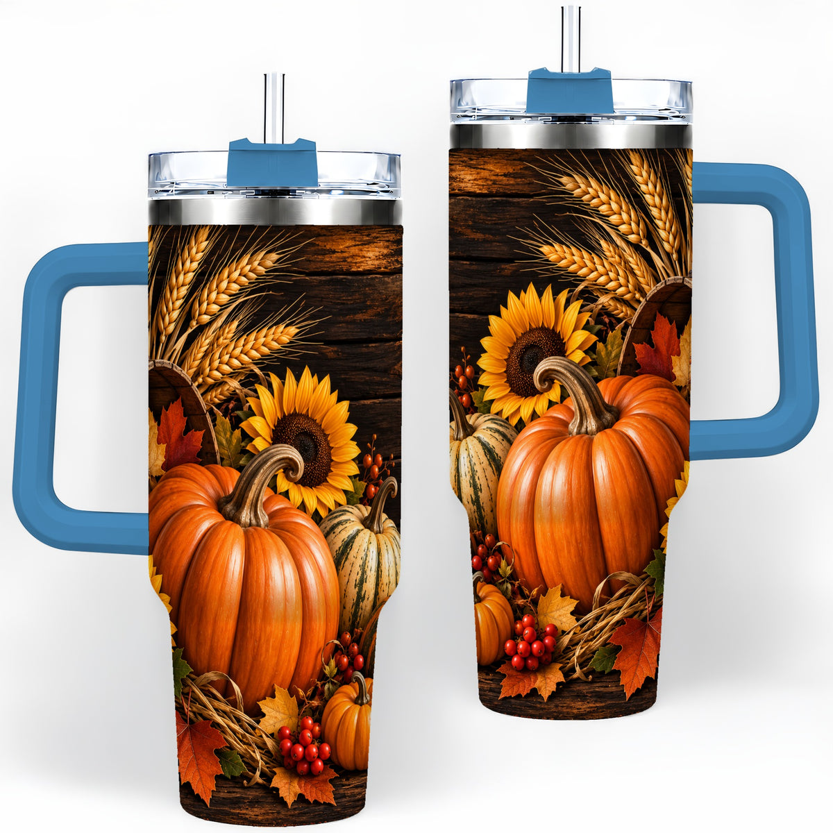 #pl[40oz|Blue] Rustic Harvest 40oz Tumbler with Pumpkins, Sunflowers and Wheat