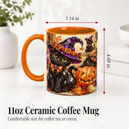#pl[11oz|Orange] Halloween Black Cat Ceramic Mug, Witch Hat Pumpkin Artwork