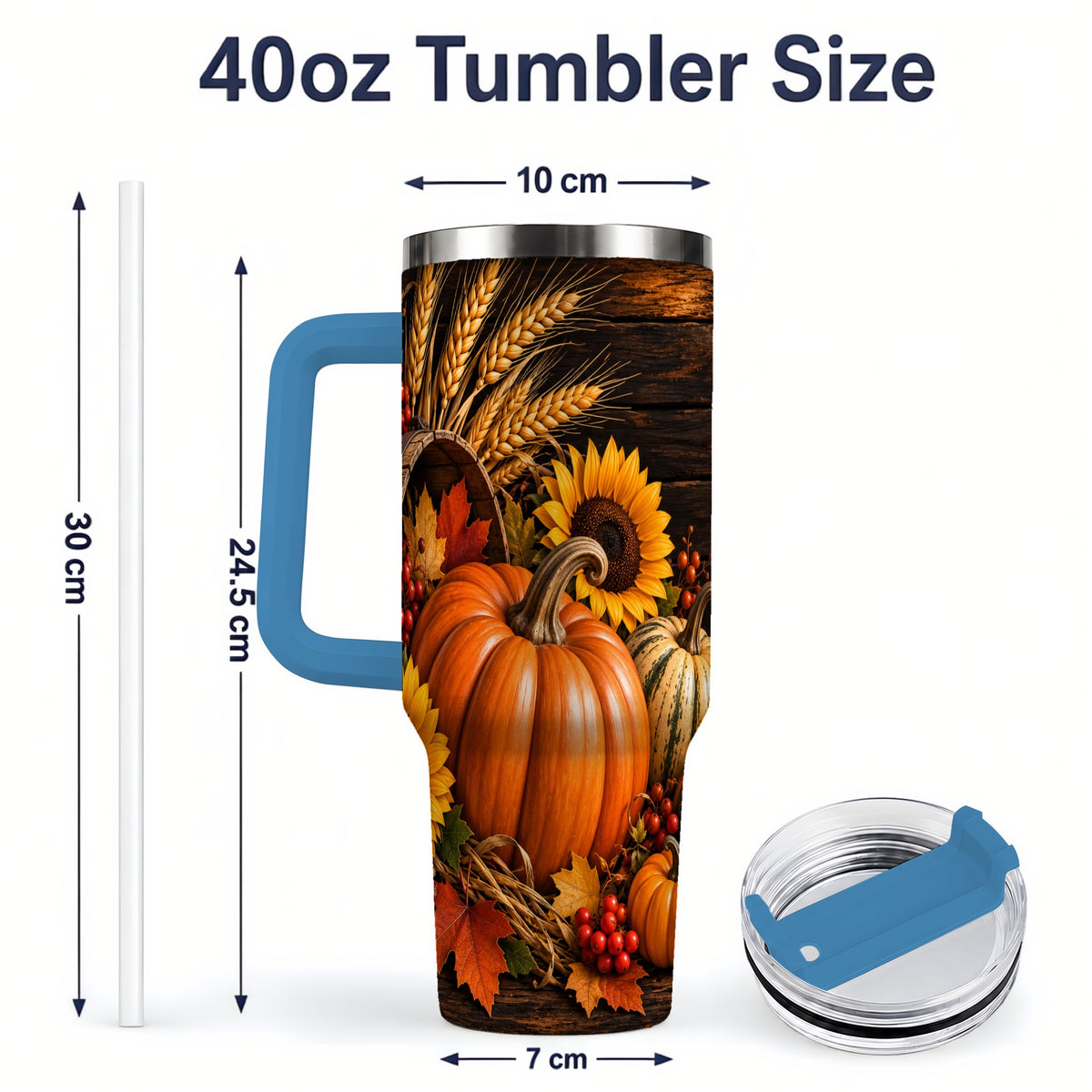 #pl[40oz|Blue] Rustic Harvest 40oz Tumbler with Pumpkins, Sunflowers and Wheat