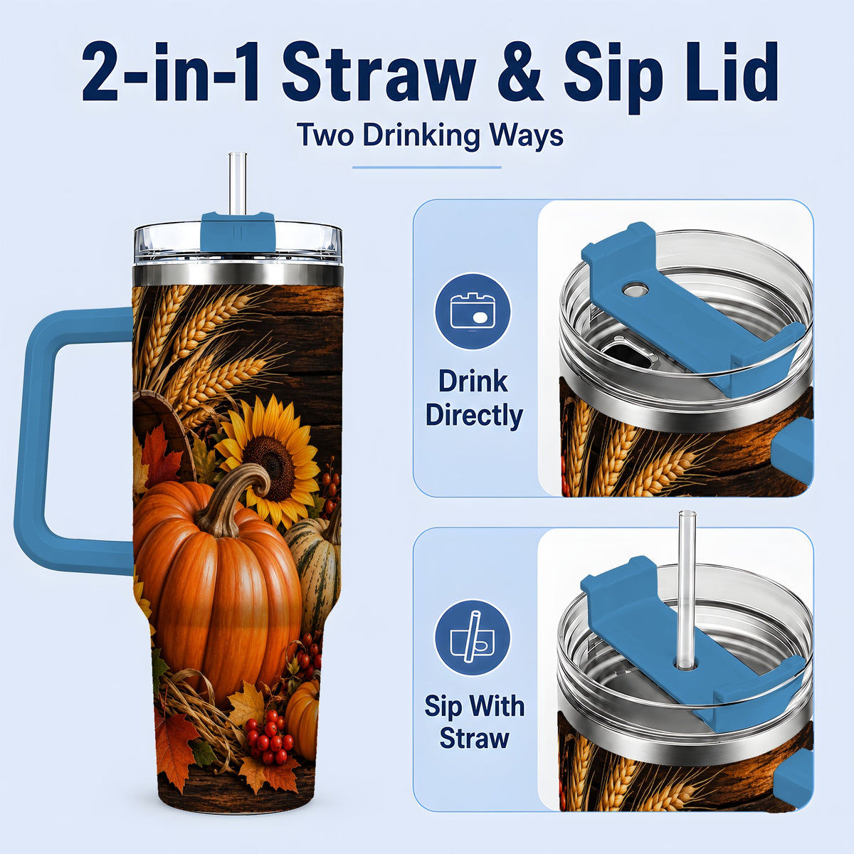 #pl[40oz|Blue] Rustic Harvest 40oz Tumbler with Pumpkins, Sunflowers and Wheat