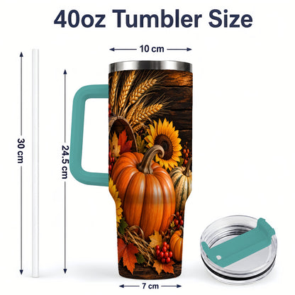 #pl[40oz|Green] Rustic Harvest 40oz Tumbler with Pumpkins, Sunflowers and Wheat