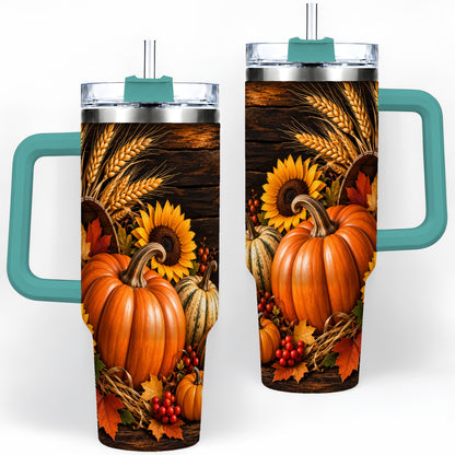 #pl[40oz|Green] Rustic Harvest 40oz Tumbler with Pumpkins, Sunflowers and Wheat