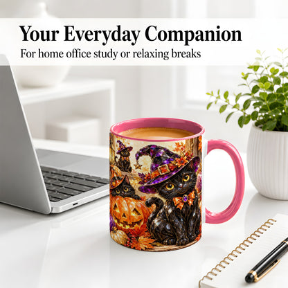 #pl[11oz|Pink] Halloween Black Cat Ceramic Mug, Witch Hat Pumpkin Artwork