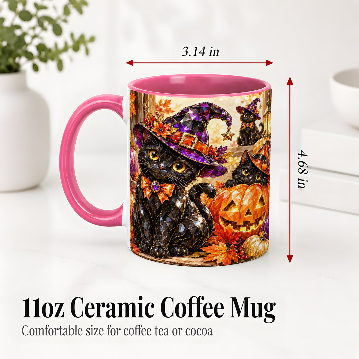 #pl[11oz|Pink] Halloween Black Cat Ceramic Mug, Witch Hat Pumpkin Artwork