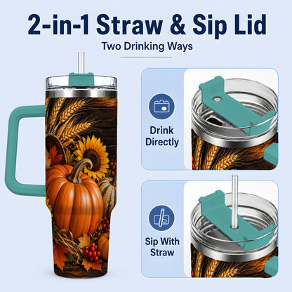 #pl[40oz|Green] Rustic Harvest 40oz Tumbler with Pumpkins, Sunflowers and Wheat