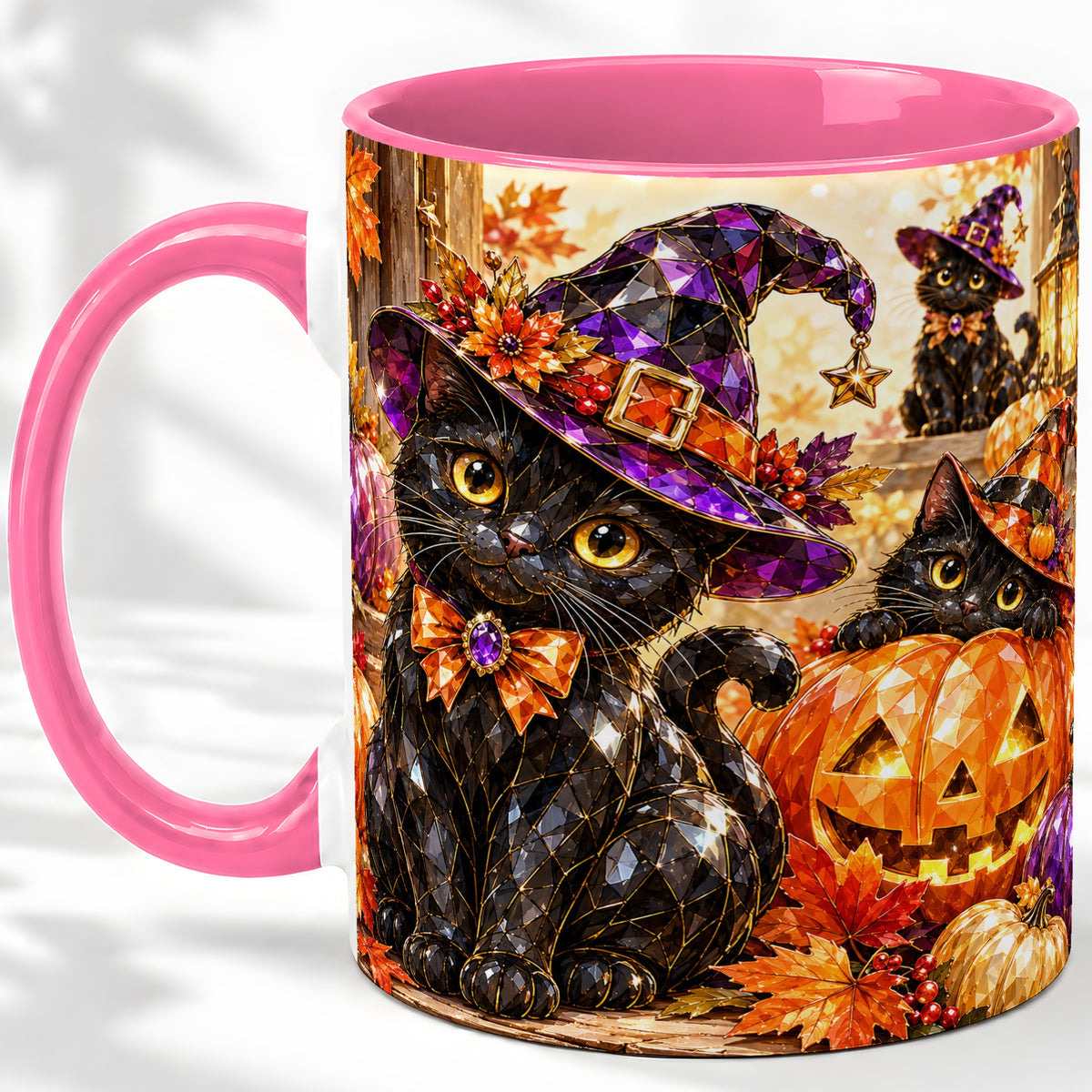 #pl[11oz|Pink] Halloween Black Cat Ceramic Mug, Witch Hat Pumpkin Artwork