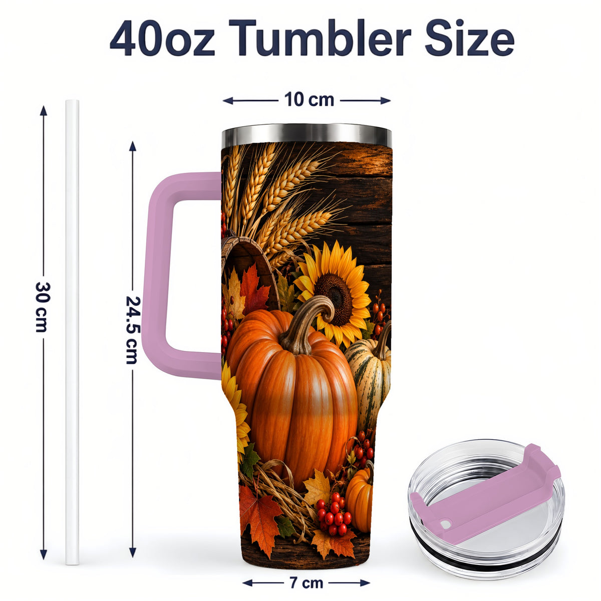 #pl[40oz|Pink] Rustic Harvest 40oz Tumbler with Pumpkins, Sunflowers and Wheat