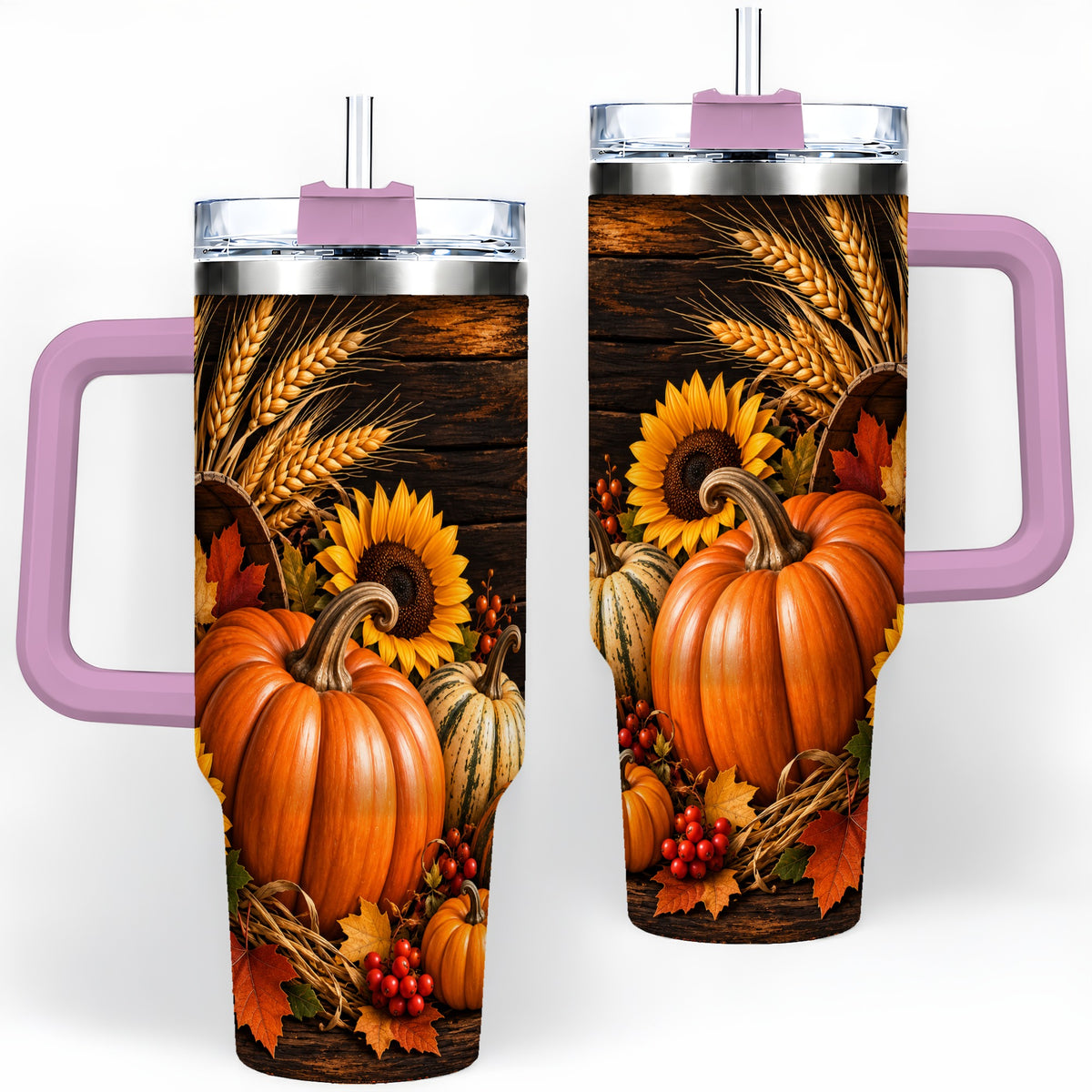 #pl[40oz|Pink] Rustic Harvest 40oz Tumbler with Pumpkins, Sunflowers and Wheat