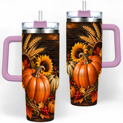 #pl[40oz|Pink] Rustic Harvest 40oz Tumbler with Pumpkins, Sunflowers and Wheat