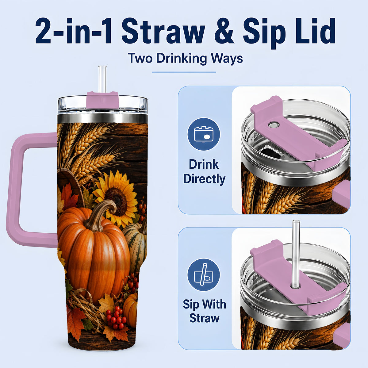 #pl[40oz|Pink] Rustic Harvest 40oz Tumbler with Pumpkins, Sunflowers and Wheat