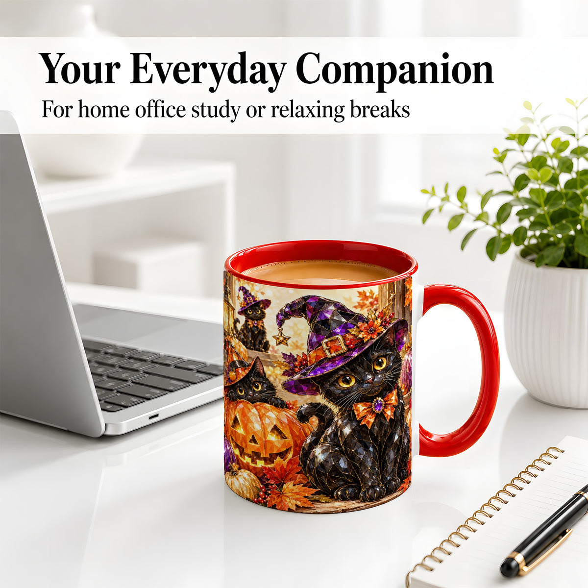 #pl[11oz|Red] Halloween Black Cat Ceramic Mug, Witch Hat Pumpkin Artwork