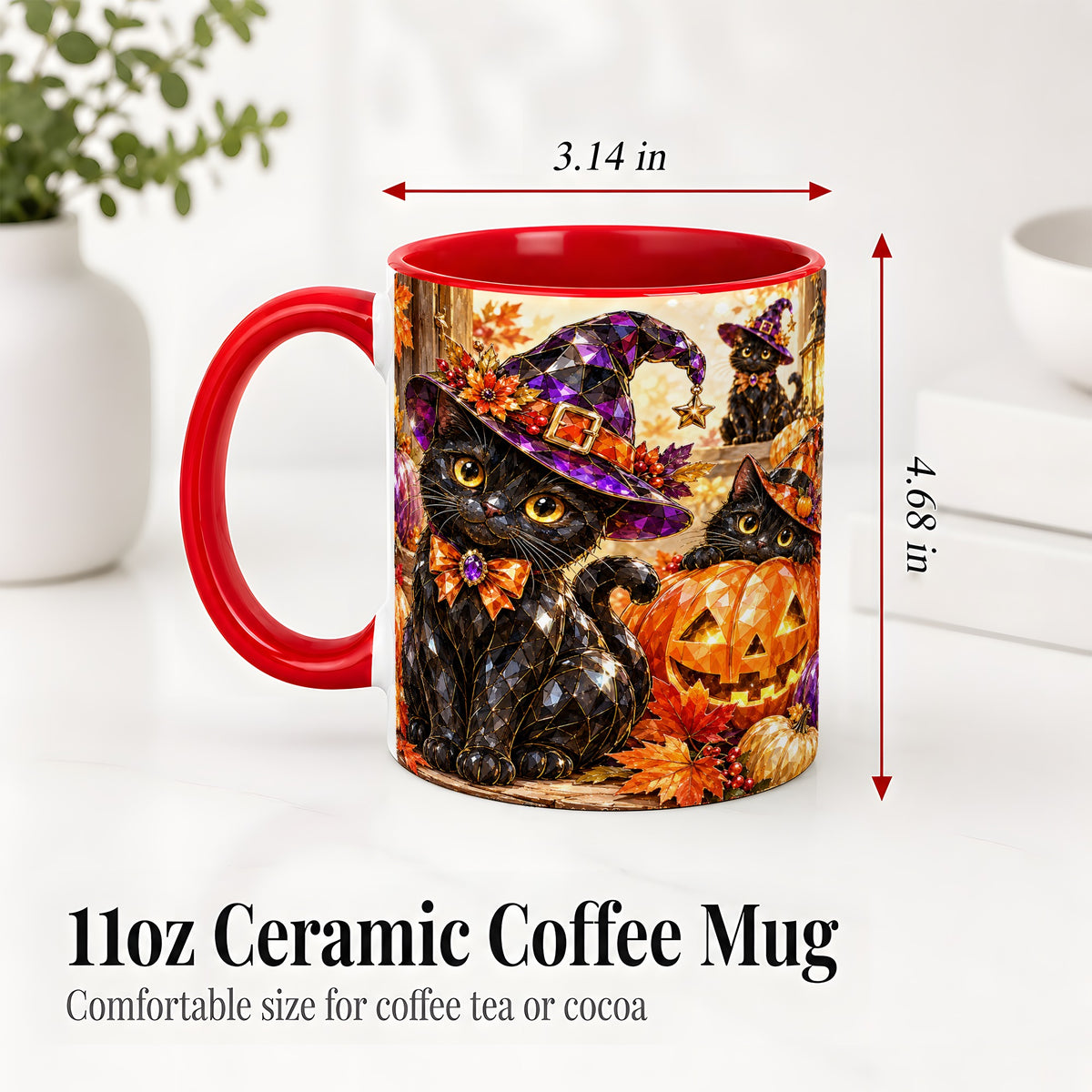#pl[11oz|Red] Halloween Black Cat Ceramic Mug, Witch Hat Pumpkin Artwork
