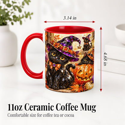 #pl[11oz|Red] Halloween Black Cat Ceramic Mug, Witch Hat Pumpkin Artwork