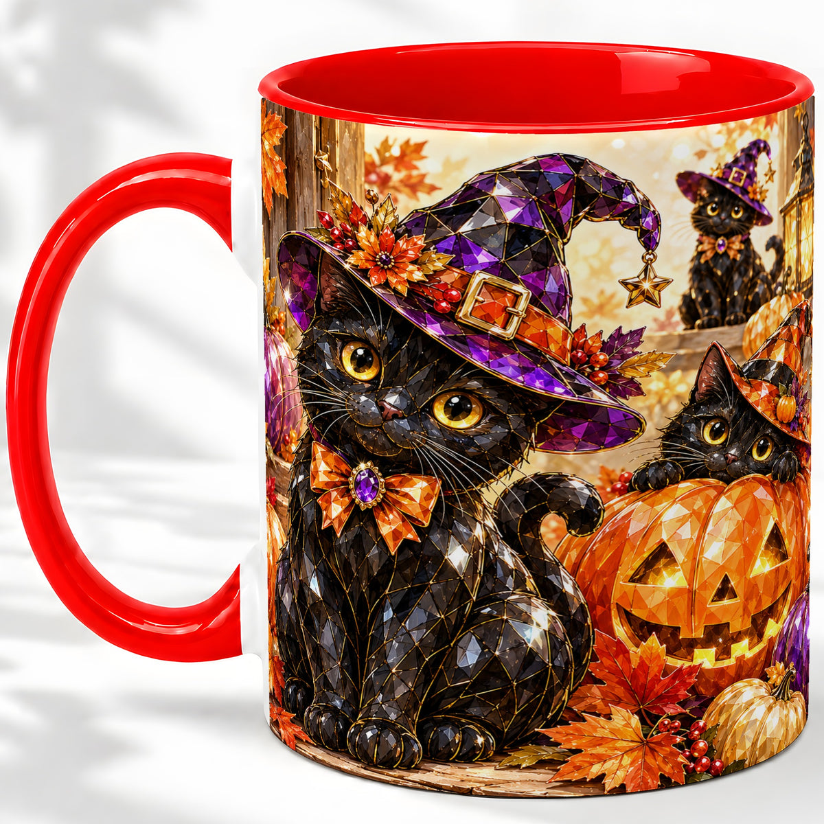 Halloween Black Cat Ceramic Mug, Witch Hat Pumpkin Artwork
