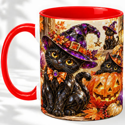 Halloween Black Cat Ceramic Mug, Witch Hat Pumpkin Artwork