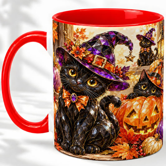 Halloween Black Cat Ceramic Mug, Witch Hat Pumpkin Artwork