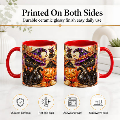 #pl[11oz|Red] Halloween Black Cat Ceramic Mug, Witch Hat Pumpkin Artwork