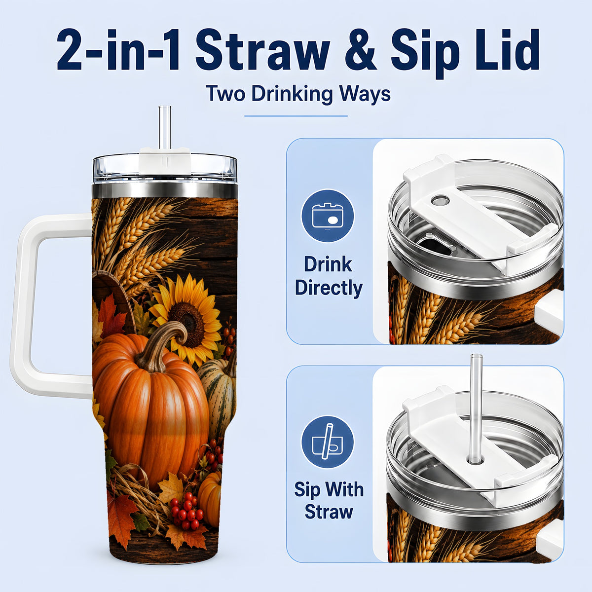 #pl[40oz|White] Rustic Harvest 40oz Tumbler with Pumpkins, Sunflowers and Wheat