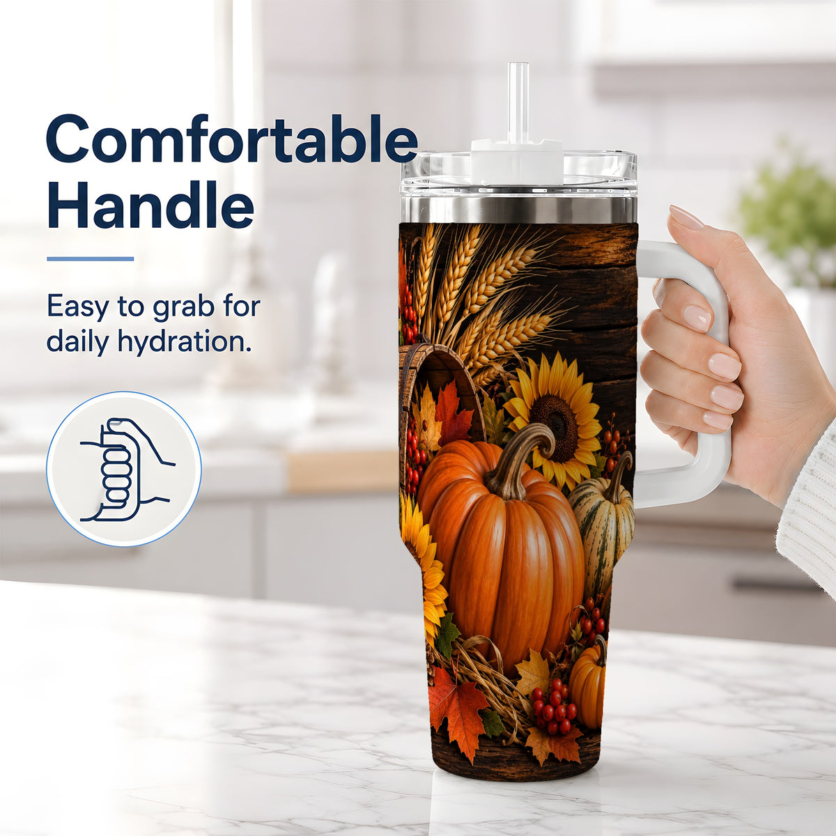#pl[40oz|White] Rustic Harvest 40oz Tumbler with Pumpkins, Sunflowers and Wheat
