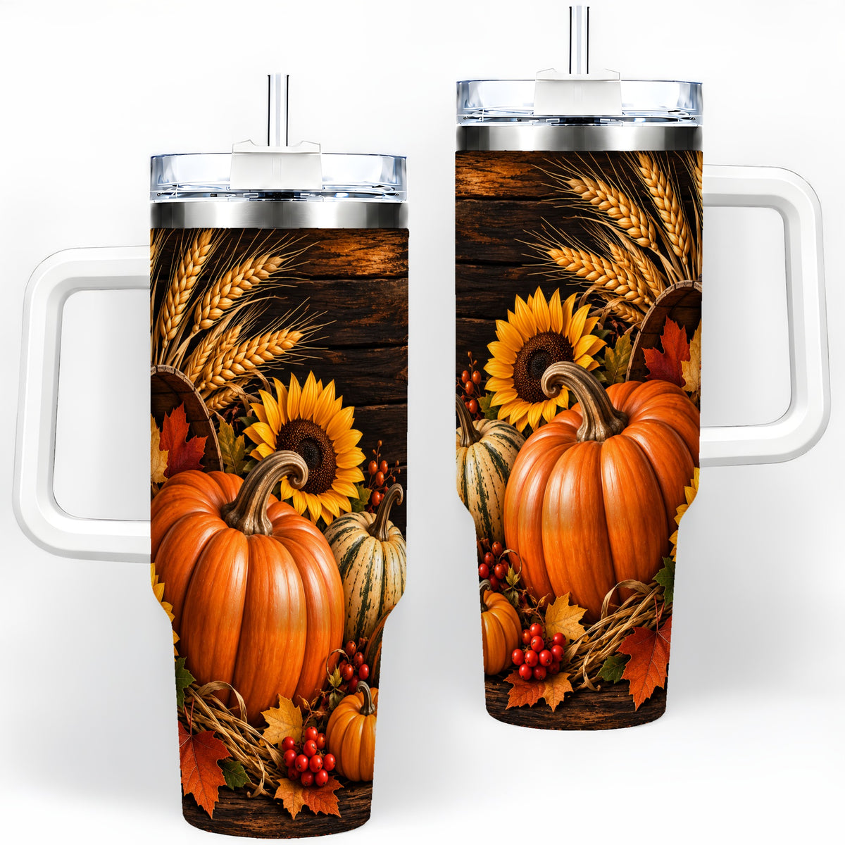 Rustic Harvest 40oz Tumbler with Pumpkins, Sunflowers and Wheat