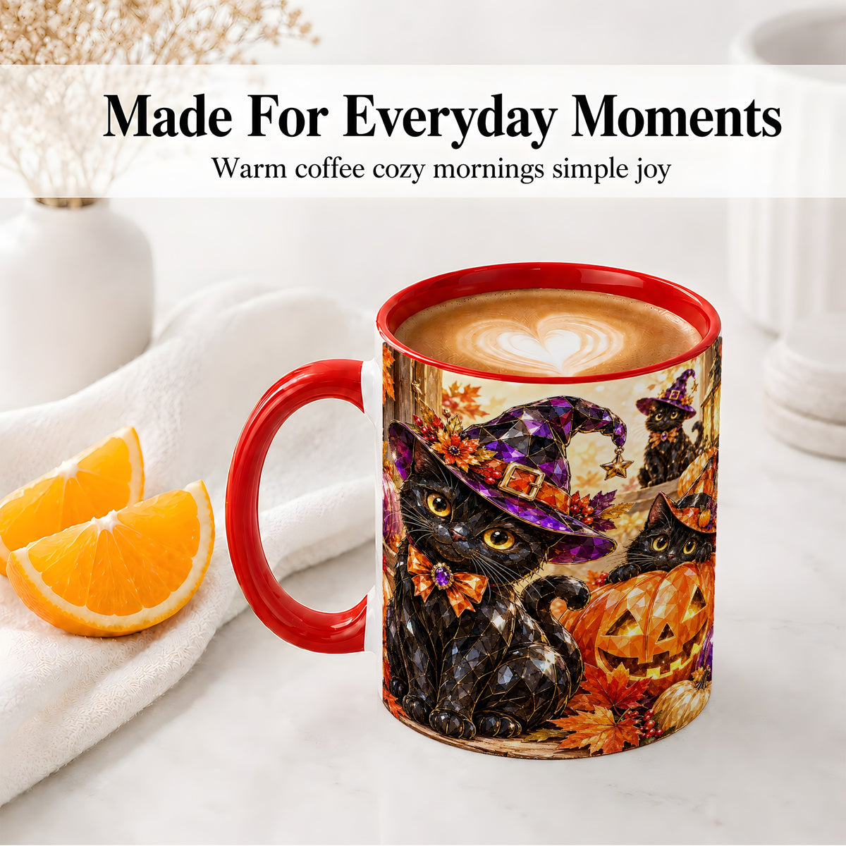 #pl[11oz|Red] Halloween Black Cat Ceramic Mug, Witch Hat Pumpkin Artwork