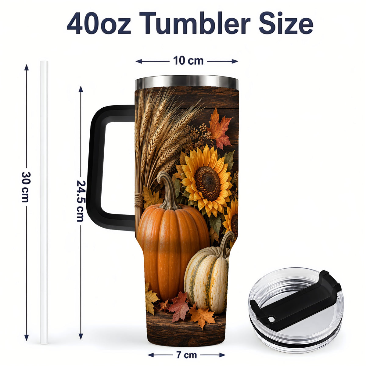 #pl[40oz|Black] Pumpkin Sunflower Harvest 40oz Tumbler with Wheat and Fall Leaves