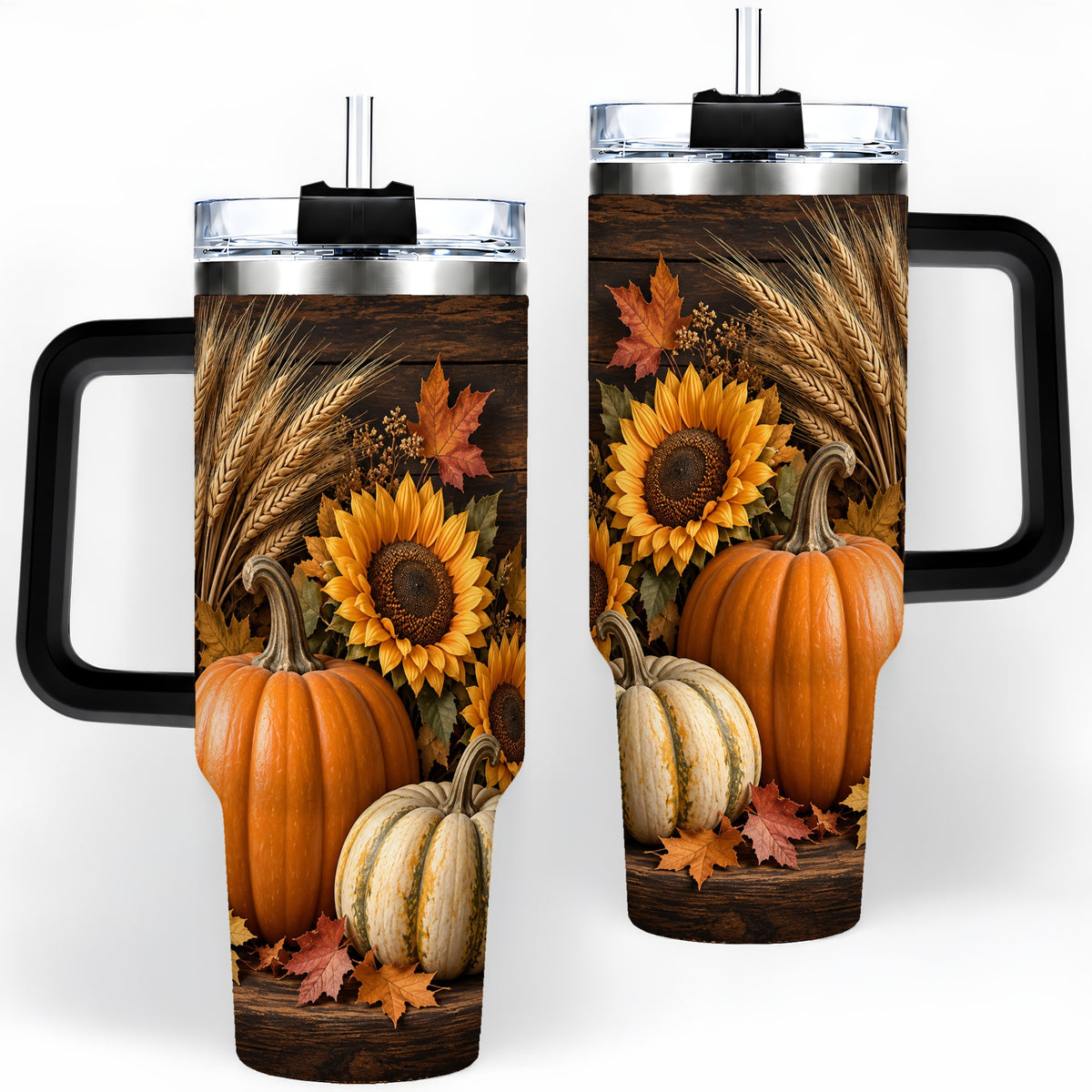 #pl[40oz|Black] Pumpkin Sunflower Harvest 40oz Tumbler with Wheat and Fall Leaves
